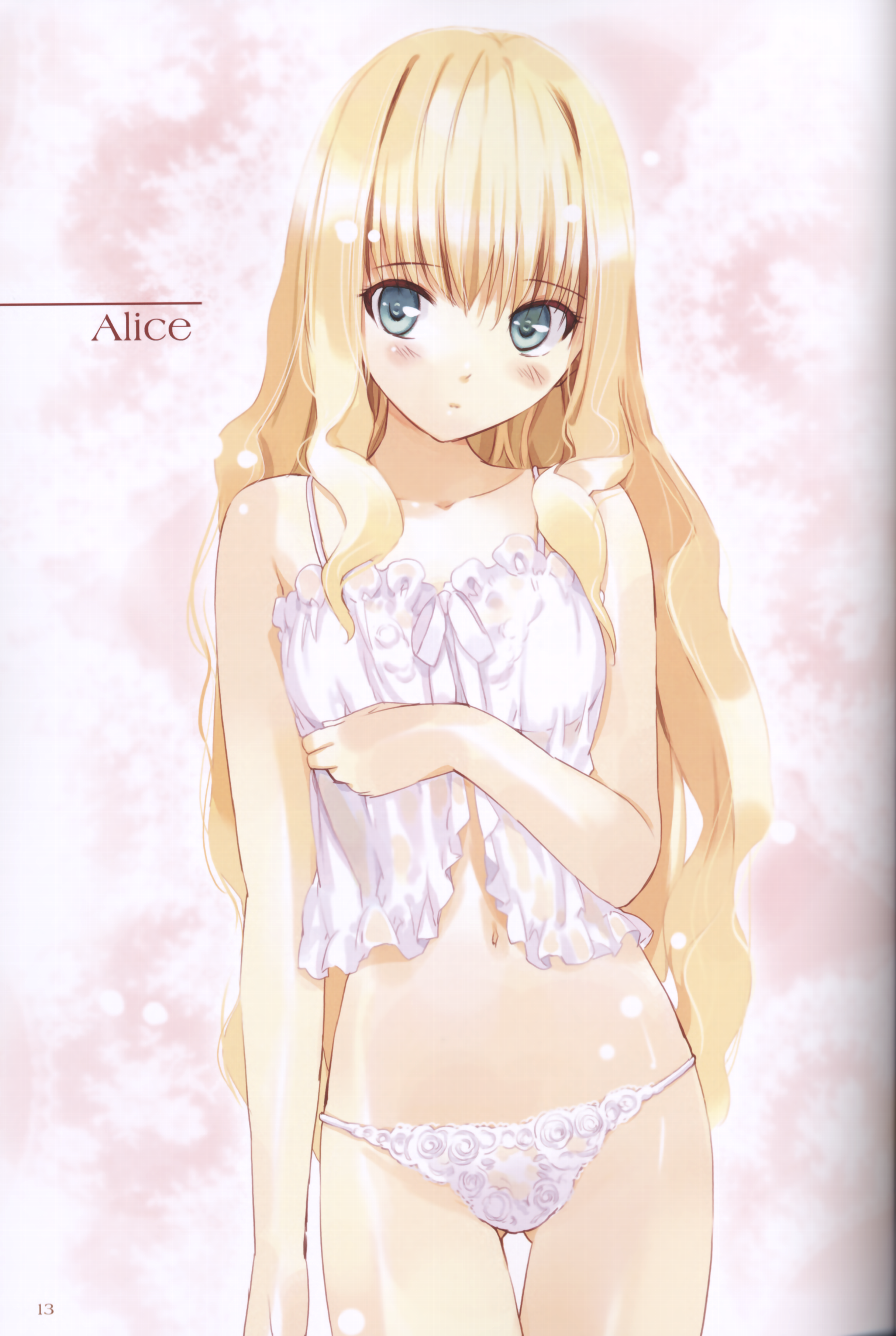 ueda ryou, alice (alice in wonderland), alice's adventures in wonderland, absurdres, highres, 1girl, bare shoulders, blonde hair, blue eyes, blush, bottomless, camisole, eye contact, female focus, lace, lace-trimmed panties, lace trim, lingerie, long hair, looking at another, narrow waist, navel, panties, solo, thigh gap, thighs, underwear, underwear only