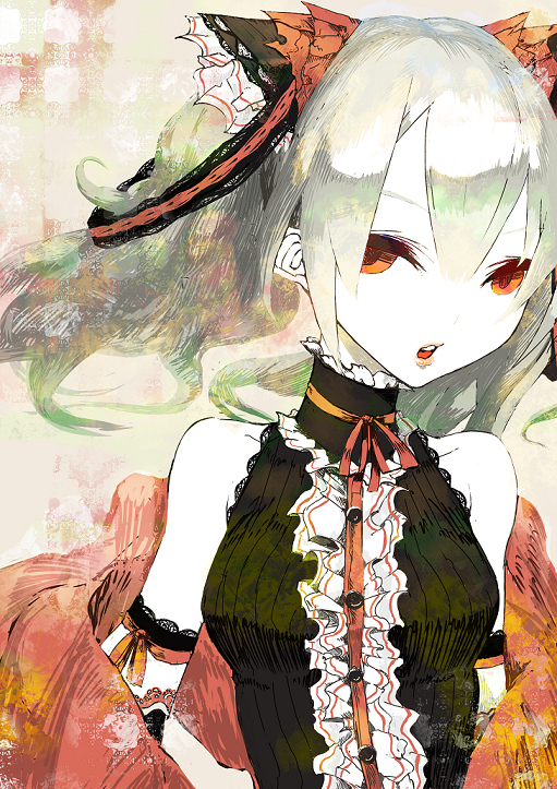 kunimura hakushi, original, 1girl, :o, bare shoulders, bow, choker, female focus, hair bow, lace, lips, long hair, open mouth, orange eyes, pale skin, red eyes, solo, white hair