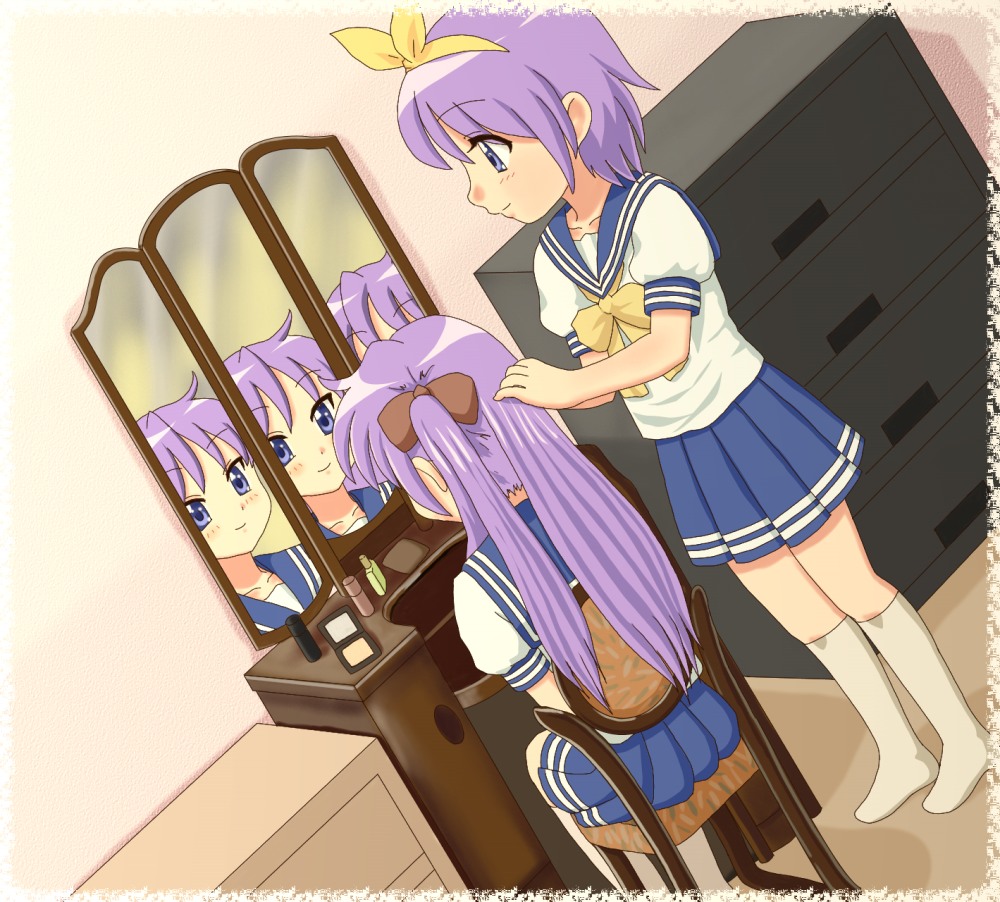 chunpai, hiiragi kagami, hiiragi tsukasa, lucky star, 00s, 2girls, adjusting hair, blue eyes, cosmetics, drawer, dutch angle, hairdressing, indoors, lipstick tube, long hair, makeup, mirror, multiple girls, nail polish bottle, purple hair, reflection, school uniform, serafuku, short hair, siblings, sisters, smile, socks, table, twins, vanity table