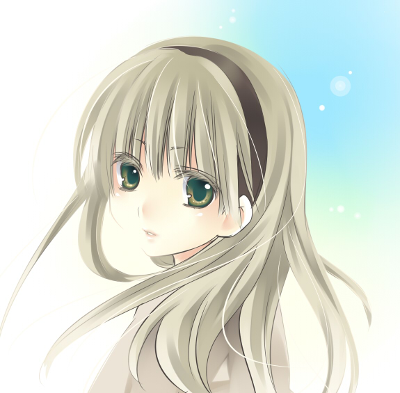 yukian, original, silver hair, bad id, bad pixiv id, 1girl, blonde hair, colored eyelashes, eyelashes, female focus, green eyes, hairband, long hair, looking back, portrait, smile, solo, yellow eyes