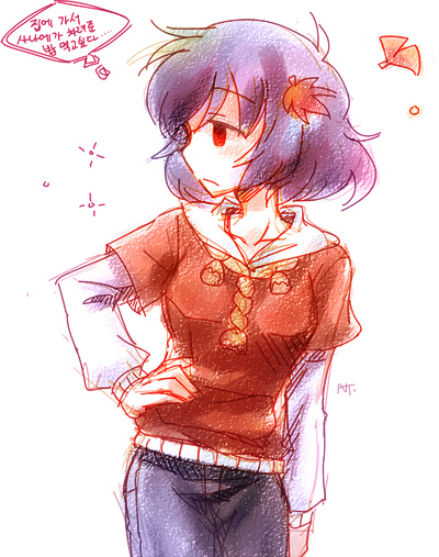 nightea, yasaka kanako, touhou, translated, 1girl, alternate costume, blue hair, casual, contemporary, female focus, hair ornament, hand on own hip, hood, hoodie, korean text, leaf, leaf hair ornament, purple hair, shirt, solo, sweater, t-shirt