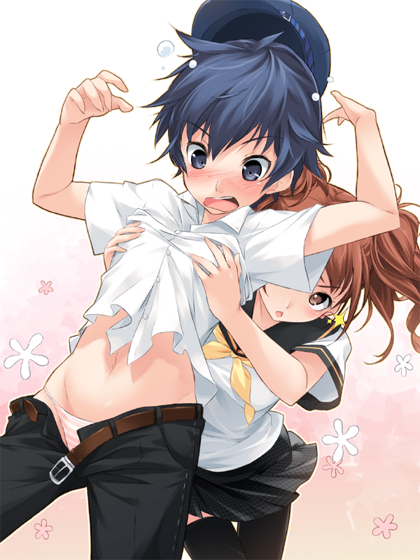 yashima takahiro, kujikawa rise, shirogane naoto, atlus, persona, persona 4, 2girls, androgynous, belt, blue eyes, blue hair, blush, breasts, flat chest, flat chest grab, grabbing another's breast, groping, hat, midriff, multiple girls, navel, newsboy cap, open belt, panties, reverse trap, school uniform, serafuku, short hair, striped clothes, striped panties, surprised, surprised arms, thighhighs, thong, tomboy, unbuckled, unbuttoned, underwear, unzipped
