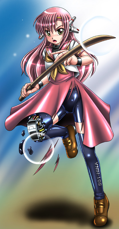 cyber f, katsura hinagiku, hayate no gotoku!, 00s, 1girl, bike shorts, bokken, cyborg, female focus, joints, mecha, mechanization, open mouth, robot, robot ears, robot joints, school uniform, solo, sword, thighhighs, torn clothes, weapon, wooden sword, zettai ryouiki