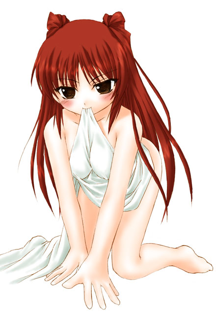 mizuna (water emp-tei), kousaka tamaki, to heart (series), to heart 2, 00s, 1girl, all fours, barefoot, bed sheet, blush, breasts, brown eyes, covering privates, female focus, full body, large breasts, mouth hold, naked sheet, naughty face, nude, nude cover, red hair, solo, white background
