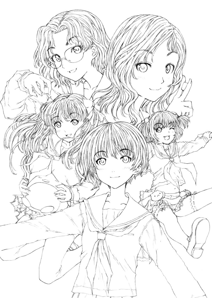 sakurasaka tsuchiyu, etopen, haramura nodoka, kataoka yuuki, miyanaga saki, someya mako, takei hisa, saki (manga), highres, 00s, 5girls, board game, bow, breasts, glasses, greyscale, hair bobbles, hair bow, hair ornament, holding, holding mahjong tile, long hair, mahjong, mahjong tile, monochrome, multiple girls, school uniform, serafuku, short hair, skirt, thighhighs