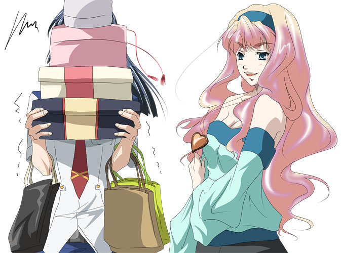 saotome alto, sheryl nome, macross, macross frontier, 00s, 1boy, 1girl, arusheri, blue eyes, blue hair, headband, jewelry, long hair, necklace, pink hair, school uniform, simple background