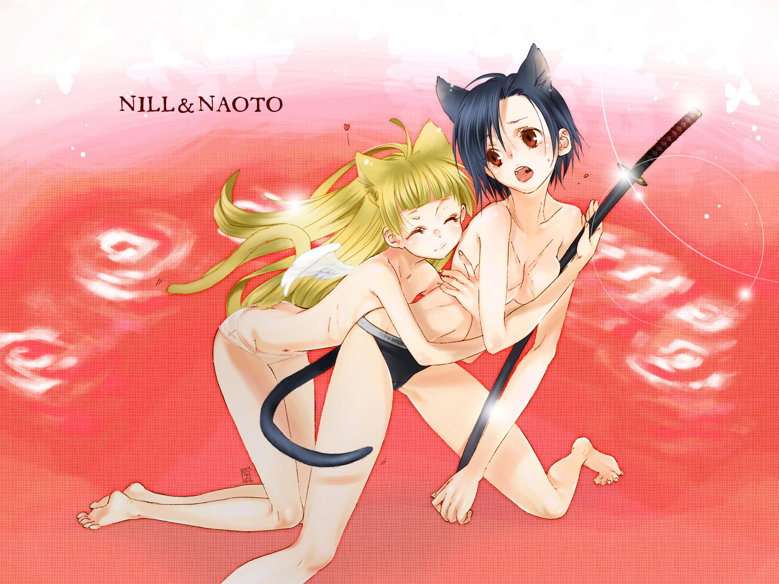 yukimitsuki, fuyumine naoto, nill, dogs: bullets & carnage, bad id, bad pixiv id, highres, 2girls, angel wings, animal ears, barefoot, blonde hair, blue hair, blush, feet, flat chest, happy, hug, katana, kneeling, long hair, multiple girls, panties, red eyes, scar, short hair, skinny, sword, tail, topless female, underwear, weapon, wings, yuri