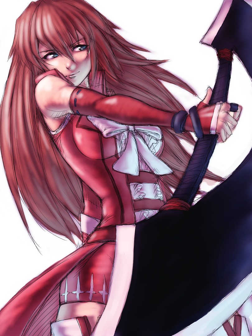 fumio (rsqkr), morte ashera, world destruction, 00s, 1girl, bare shoulders, blue eyes, brown hair, female focus, long hair, ribbon, solo, weapon