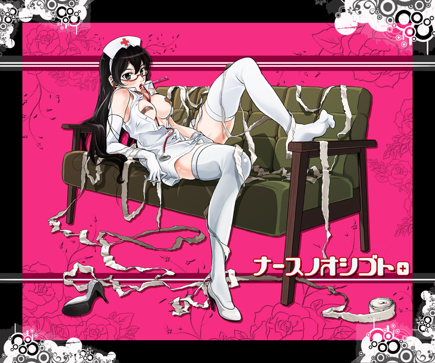 naka nohito, original, bandages, bandaid, bandaids on nipples, black hair, blush, breasts, couch, feet, glasses, high heels, large breasts, legs, lipstick, long hair, lying, makeup, nurse, open clothes, open shirt, pasties, shirt, shoes, single shoe, solo, thermometer, thighhighs, white thighhighs