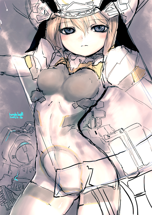 rondo bell, bad id, bad pixiv id, 1girl, blue eyes, blush, bodysuit, brown hair, female focus, short hair, solo