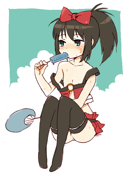 mago, kunihiro hajime, saki (manga), bad id, bad pixiv id, 00s, 1girl, blue eyes, blush, female focus, flapper shirt, flat chest, food, hair ribbon, hand fan, hot, loli, nipples, ponytail, popsicle, revealing clothes, ribbon, shirt, solo, strap slip, sweat, thighhighs