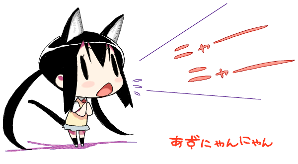 hijiri rei, nakano azusa, k-on!, translated, 00s, 1girl, animal ears, black hair, blush, cat ears, cat girl, cat tail, chibi, female focus, nyan, school uniform, solo, tail, twintails, white background, | |