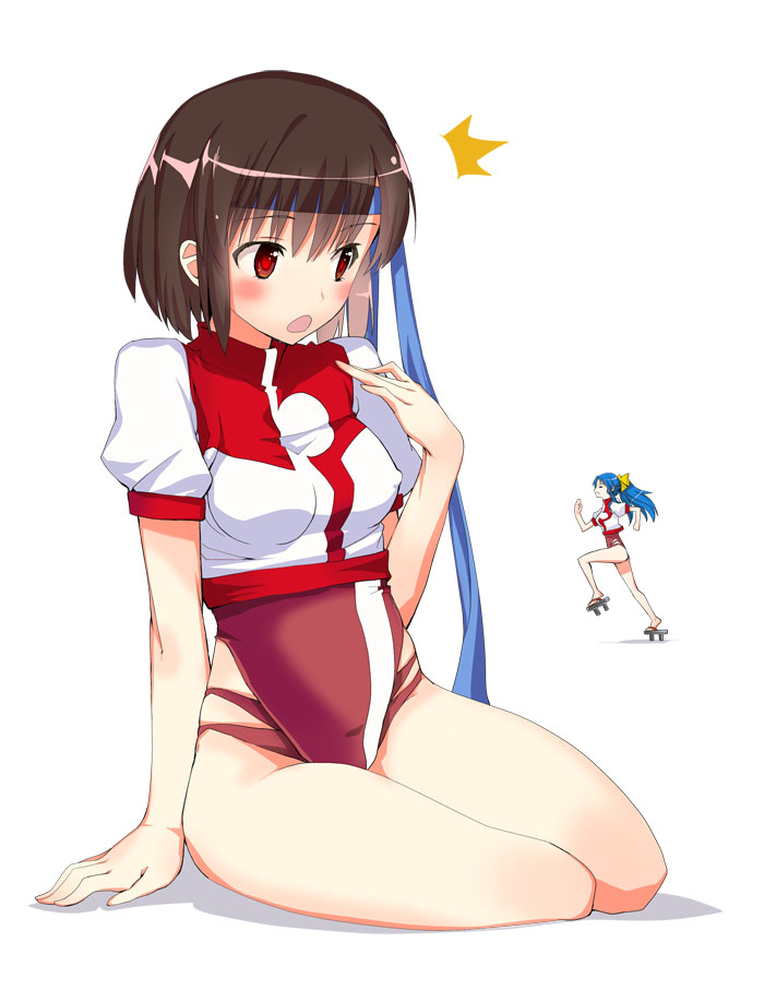 genbou2, tamon ketsuyuki, amano kazumi, takaya noriko, top wo nerae!, top wo nerae! (series), 2girls, :o, ^^^, arm support, bare legs, blush, breasts, brown hair, covered erect nipples, geta, headband, kneeling, legs, leotard, multiple girls, nipples, open mouth, short hair, sitting, small breasts, yokozuwari