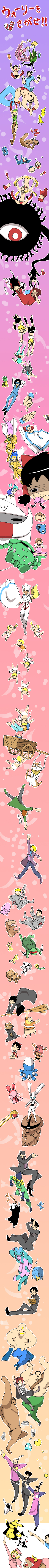 kosame daizu, abe takakazu, acguy, alex louis armstrong, aokiji (one piece), aries muu, atom (tetsuwan atom), ayanami rei, backbeako (torotei), backbeard, black rock shooter (character), cammy white, cancer deathmask, chun-li, cirno, crazy diamond, danboo, dhalsim, drossel von flugel, eve (wall-e), gedachtnis, gordon shumway, hakurei reimu, harry potter, hatsune miku, hermione granger, higashikata josuke, iggy (jojo), inky, inky (pac-man), inoue toro, kagamine len, kagamine rin, kinnikuman (character), kuujou joutarou, master asia, mike haggar, morrigan aensland, nekomusume, pac-man, penpen, piccolo (romeo no aoi sora), pikachu, raphael (tmnt), remilia scarlet, romeo, romeo (romeo no aoi sora), shockwave alberto, slime (dragon quest), star platinum, tachikoma, tao pai pai, tony tony chopper, wally (where's wally), zangief, alf, black rock shooter, capcom, darkstalkers, dragon ball, dragon quest, final fight, fireball (series), fullmetal alchemist, g gundam, gegege no kitarou, ghost in the shell, ghostbusters, giant robo, gundam, harry potter (series), jojo no kimyou na bouken, kinnikuman, kodansha, kuso miso technique, mega man (series), namco, neon genesis evangelion, nintendo, one piece, original, pac-man (game), pani poni dash!, pokemon, romeo no aoi sora, saint seiya, shadow of the colossus, shounen jump, street fighter, street fighter ii (series), teenage mutant ninja turtles, tetsuwan atom, toei company, touhou, vocaloid, wall-e, wall-e (movie), where's wally, wizarding world, yotsubato!, absurdres, annotation request, bad id, bad pixiv id, highres, long image, tall image, 00s, 10s, 6+girls, :3, absolutely everyone, armor, bald, beard, bird, black hair, blonde hair, blue hair, book, box, brown hair, cardbo, cardboard box, cat, cherub, crossover, dog, double bun, everyone, eyeball, facial hair, full body, gen 1 pokemon, gold armor, green hair, hair bun, humanoid robot, jewelry, kinniku buster, knyacki, long hair, mecha, multiple crossover, multiple girls, muscular, mustache, necklace, open book, penguin, pink hair, pointing, pokemon (creature), pompadour, robot, sai (weapon), short hair, skull necklace, stand (jojo), topless male, weapon, what, white hair, wrestling, yaranaika, yukkuri shiteitte ne