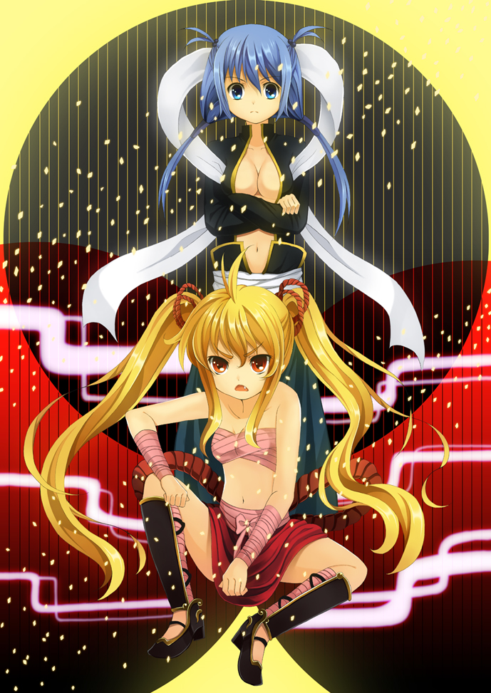 laco soregashi, original, eyebrows, bad id, bad pixiv id, 2girls, bandages, blonde hair, blue hair, breasts, cleavage, crossed arms, fang, hair bobbles, hair ornament, large breasts, long hair, multiple girls, red eyes, sarashi, short twintails, sitting, twintails, very long hair