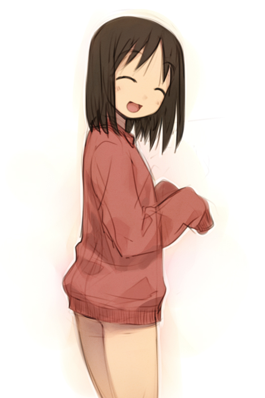 mizuki kotora, kasuga ayumu, azumanga daiou, bad id, bad pixiv id, 1girl, ^ ^, blush, bottomless, brown hair, closed eyes, dress shirt, female focus, head tilt, long sleeves, looking back, oversized clothes, shirt, short hair, simple background, sleeves past wrists, smile, solo, sweater, white background