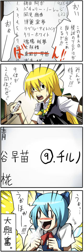 pageratta, cirno, kirisame marisa, touhou, long image, tall image, translated, 4koma, blonde hair, blue hair, circled 9, comic