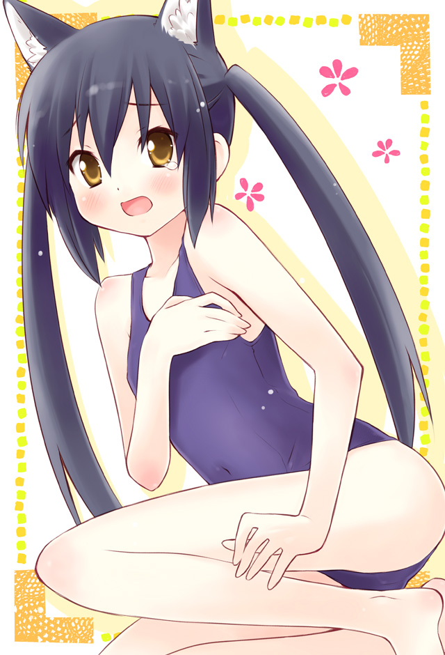 eretto, nakano azusa, k-on!, 00s, 1girl, animal ears, barefoot, black hair, blush, brown eyes, cat ears, cat girl, female focus, flat chest, legs, long hair, one-piece swimsuit, school swimsuit, solo, swimsuit, tears, twintails