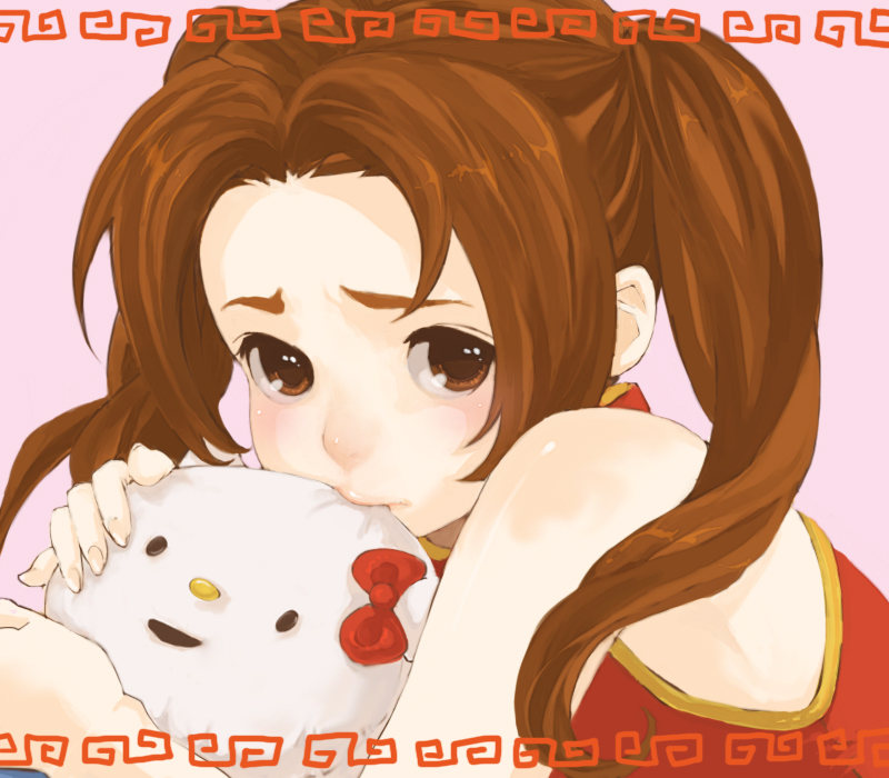kumatani, china (hetalia), shinatty-chan, axis powers hetalia, bad id, bad pixiv id, 00s, 1boy, blush, brown eyes, brown hair, hug, male focus, solo, stuffed animal, stuffed toy, trap, twintails