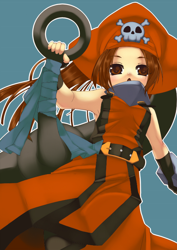 azuki akizuki, havemoon, may (guilty gear), arc system works, guilty gear, 1girl, anchor, blush, brown eyes, brown hair, female focus, hat, huge weapon, long hair, orange hat, orange shirt, shirt, solo, weapon