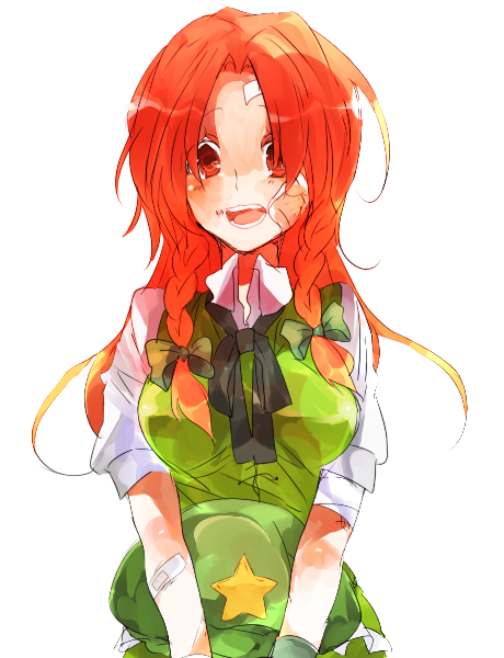 ren (zero second), hong meiling, immaterial and missing power, touhou, bad id, bad pixiv id, 1girl, bandaid, blush, braid, breasts, female focus, hat, large breasts, long hair, red eyes, red hair, simple background, solo, twin braids, white background