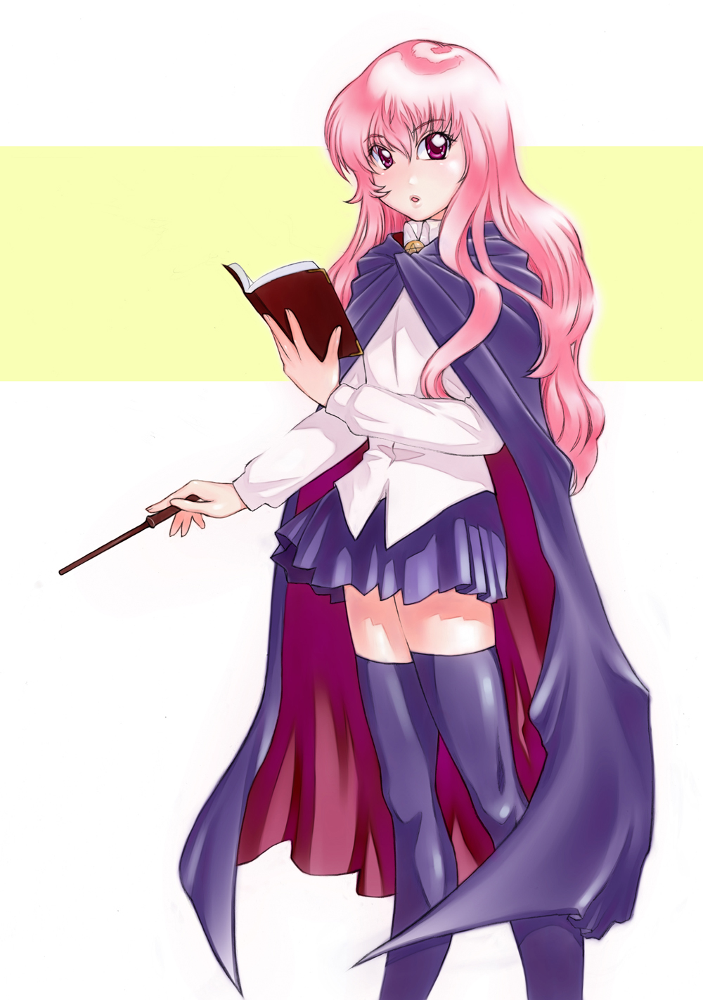 mirori, louise francoise le blanc de la valliere, zero no tsukaima, highres, 00s, 1girl, book, female focus, long hair, pentacle, pink eyes, pink hair, solo, thighhighs, wand, zettai ryouiki