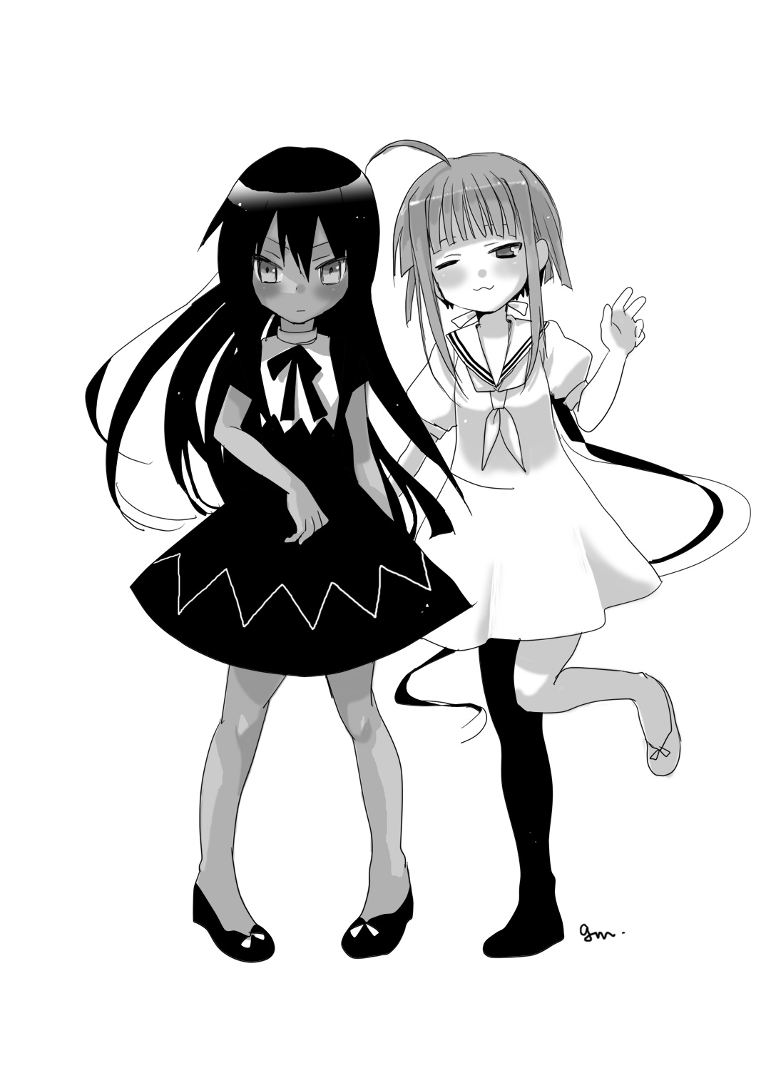 gm, nagase kaede, tatsumiya mana, mahou sensei negima!, bad id, bad pixiv id, highres, 00s, :3, aged down, child, dark-skinned female, dark skin, dress, greyscale, legs, long hair, monochrome, wink
