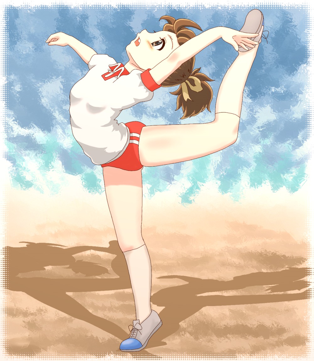 chunpai, hirasawa ui, k-on!, 00s, 1girl, arched back, ballet, brown eyes, brown hair, buruma, female focus, full body, gym uniform, leg up, orange buruma, outdoors, ponytail, short hair, sky, solo