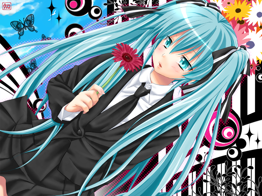 pengin guriko, hatsune miku, hatsune miku (saihate), saihate (vocaloid), vocaloid, 1girl, aqua eyes, aqua hair, bug, butterfly, daisy (flower), dutch angle, female focus, flower, formal clothes, hair ribbon, insect, necktie, ribbon, skirt, skirt suit, solo, suit, tears