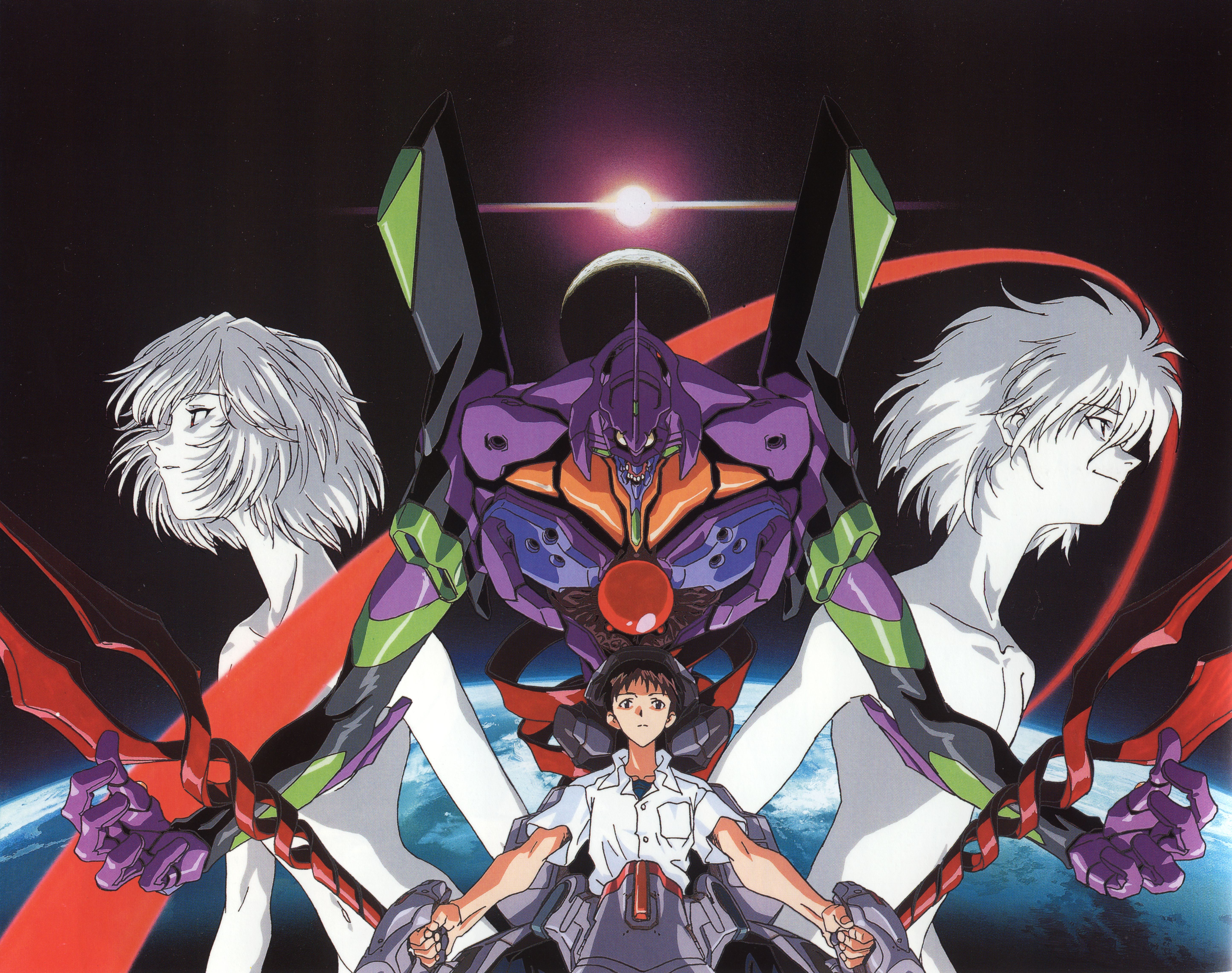 ayanami rei, eva 01, ikari shinji, lilith (ayanami rei), nagisa kaworu, neon genesis evangelion, absurdres, cleaned, highres, official art, scan, 1girl, 2boys, bident, lance of longinus (evangelion), mecha, moon, multiple boys, nude, pale skin, polearm, red eyes, robot, short hair, space, weapon