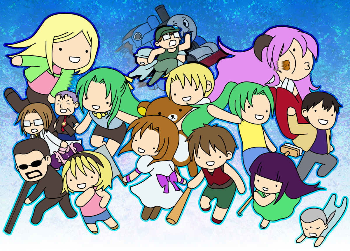 kashiwa kiseri, furude rika, hanyuu, houjou satoko, houjou satoshi, irie kyousuke, kasai tatsuyoshi, maebara keiichi, okonogi tetsurou, ooishi kuraudo, ryuuguu rena, sonozaki mion, sonozaki shion, takano miyo, thomas the tank engine, tomitake jirou, 07th expansion, higurashi no naku koro ni, matsuribayashi-hen, no naku koro ni (series), thomas the tank engine (series), 00s, 6+boys, 6+girls, baseball bat, billhook, blonde hair, chibi, crossover, everyone, hashitsuki nata, hatchet, multiple boys, multiple girls, nata (tool), o3o, siblings, sisters, twins