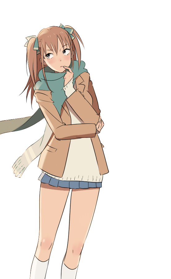 koutarou (artist), koutarou (farthest), original, 1girl, brown hair, female focus, kneehighs, miniskirt, scarf, simple background, skirt, socks, solo, thinking, twintails
