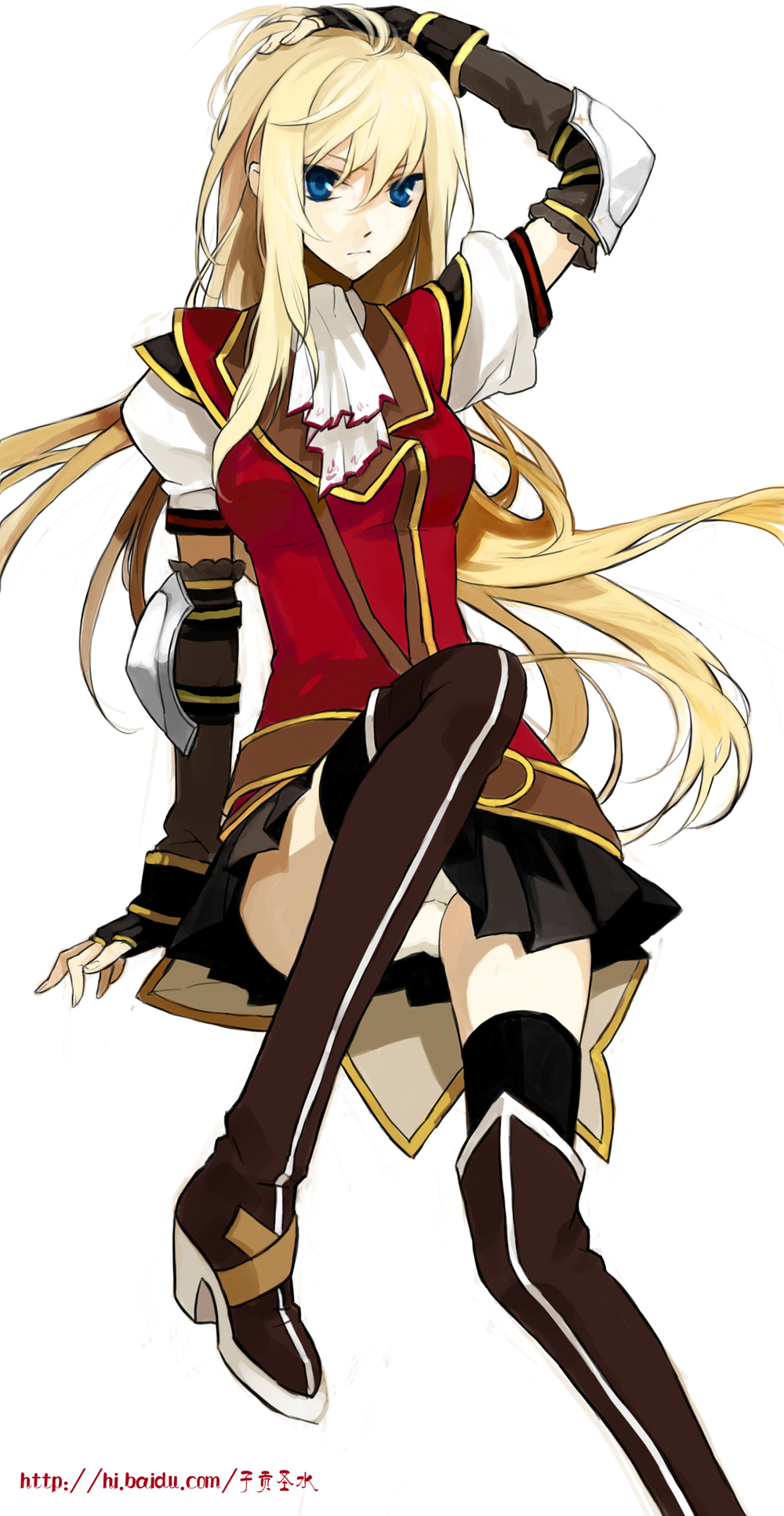 psd, octavia (tears to tiara), tears to tiara, bad id, bad pixiv id, highres, 00s, 1girl, ascot, blonde hair, blue eyes, elbow gloves, female focus, gloves, long hair, panties, pantyshot, sitting, skirt, solo, thighhighs, underwear