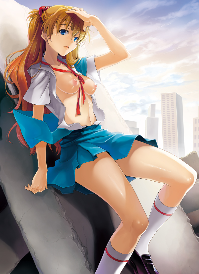 sage joh, souryuu asuka langley, neon genesis evangelion, bad id, bad pixiv id, 1girl, between breasts, blue eyes, breasts, female focus, kneehighs, nipples, no bra, open clothes, open shirt, orange hair, school uniform, shirt, socks, solo