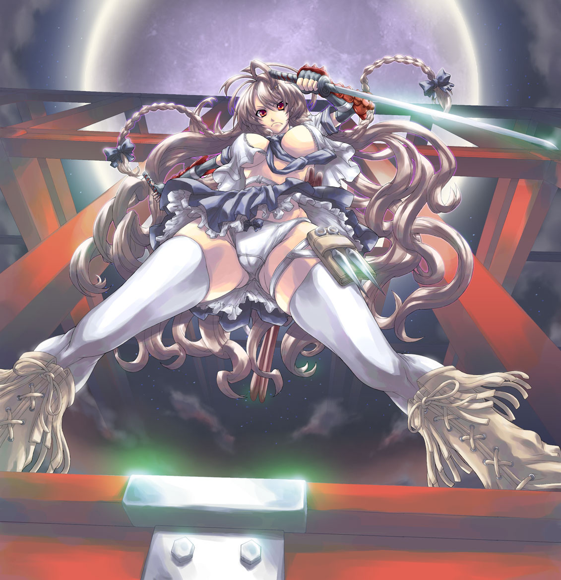 teku (2nd escape), boots, brown hair, kunai, long hair, panties, red eyes, solo, sword, thighhighs, underwear, upskirt, very long hair, weapon