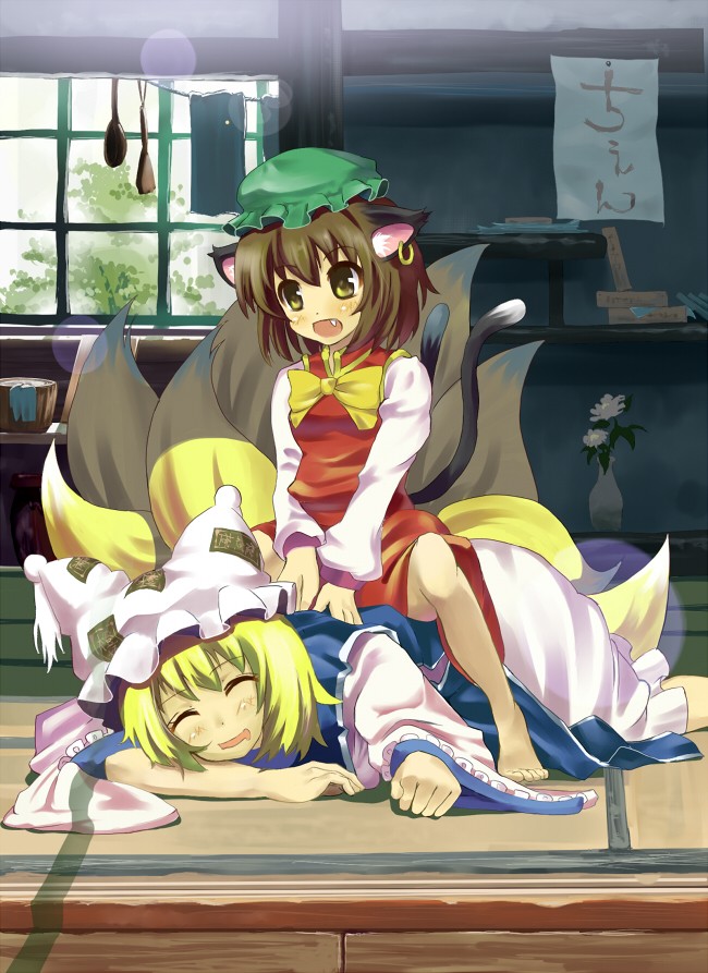 chen, yakumo ran, touhou, 2girls, animal ears, barefoot, blonde hair, blush, brown hair, cat ears, cat girl, dress, fang, female focus, flower, hat, indoors, massage, multiple girls, multiple tails, plant, straddling, tail