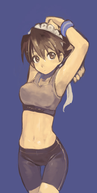 shigehiro (hiroi heya), kiai, futaba channel, nijiura, nijiura maids, 1girl, armpits, arms behind head, arms up, bike shorts, black hair, brown hair, cowboy shot, female focus, headband, maid headdress, midriff, short hair, simple background, solo, sports bra, stretching, thigh gap, thighs, wristband