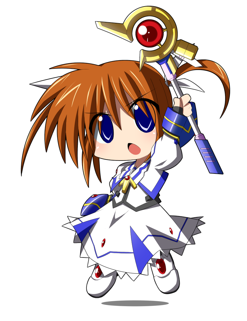 bibi02, raising heart, raising heart (device mode) (1st), takamachi nanoha, takamachi nanoha (movie 1st mode), lyrical nanoha, mahou shoujo lyrical nanoha, mahou shoujo lyrical nanoha the movie 1st, 10s, 1girl, blue eyes, brown hair, chibi, female focus, hair ribbon, open mouth, purple eyes, ribbon, short twintails, simple background, solo, twintails