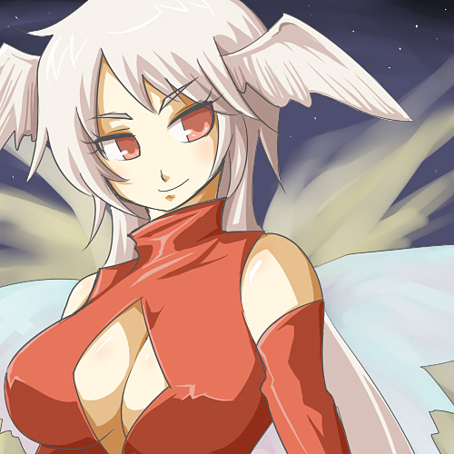 ginger yaki, kabayaki 3, shougayaki (kabayaki 3), ultima (fft), final fantasy, final fantasy tactics, silver hair, bad id, bad pixiv id, lowres, 1girl, breasts, cleavage cutout, clothing cutout, elbow gloves, female focus, gloves, head wings, large breasts, long hair, red eyes, smile, solo, wings