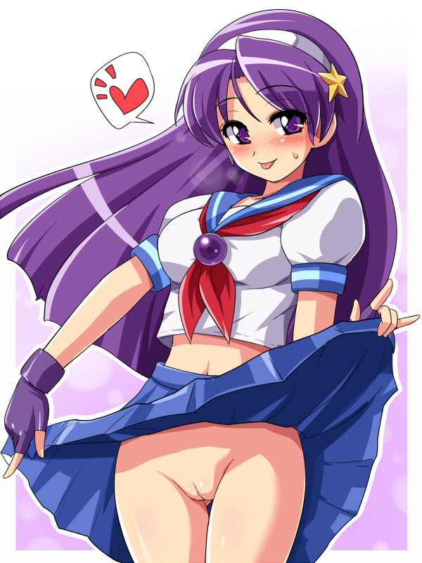 konpeto, asamiya athena, king of fighters xiii, snk, the king of fighters, the king of fighters xiii, 1girl, blush, breasts, cleft of venus, clothes lift, fat mons, female focus, fingerless gloves, gloves, hairband, heart, long hair, midriff, no panties, purple eyes, purple hair, pussy, school uniform, serafuku, skirt, skirt lift, solo, spoken heart, star (symbol), sweat, thigh gap, thighs, tongue, uncensored
