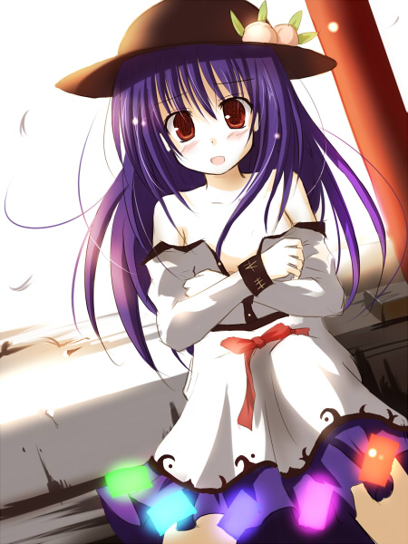 mashayuki, hinanawi tenshi, touhou, 1girl, backlighting, bare shoulders, blue hair, blush, dutch angle, female focus, food, fruit, hat, long hair, looking at viewer, open mouth, peach, red eyes, solo