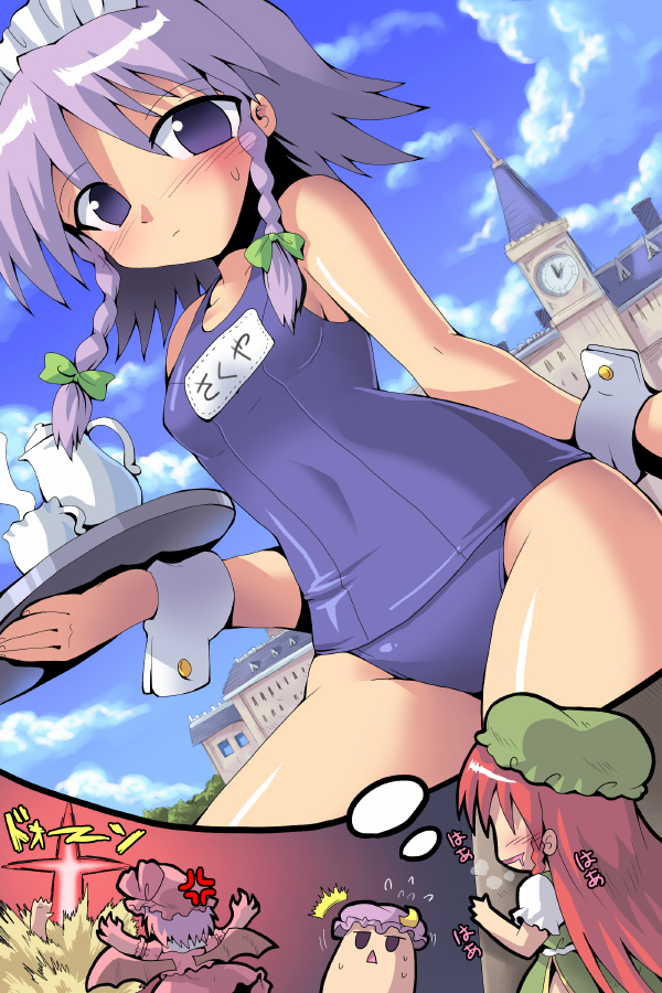 kurogarasu, hong meiling, izayoi sakuya, patchouli knowledge, remilia scarlet, embodiment of scarlet devil, touhou, silver hair, 4girls, braid, chibi, female focus, female pervert, maid, multiple girls, one-piece swimsuit, pervert, school swimsuit, shiny clothes, swimsuit, twin braids