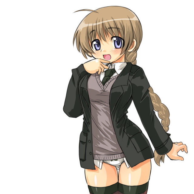 dd (ijigendd), lynette bishop, strike witches, world witches series, bad id, bad pixiv id, 00s, 1girl, bow, bow panties, braid, brown hair, female focus, long hair, panties, single braid, solo, thighhighs, underwear