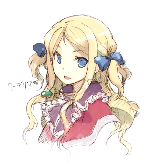 h2so4, cuderia von feuerbach, atelier (series), atelier rorona, gust, 1girl, blonde hair, blue eyes, female focus, jewelry, long hair, necklace, ribbon, sketch, solo, two side up