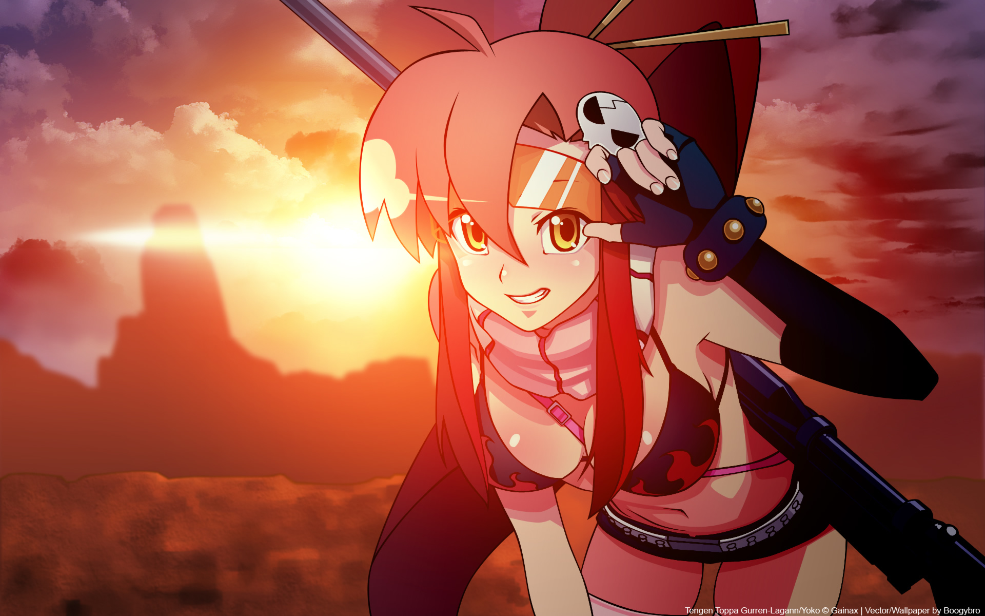 yoko littner, tengen toppa gurren lagann, highres, 00s, 1girl, anti-materiel rifle, belt, bent over, bikini, bikini top only, breasts, cleavage, female focus, fingerless gloves, glasses, gloves, gun, hair ornament, large breasts, midriff, ponytail, red hair, rifle, scarf, short shorts, shorts, smile, sniper rifle, solo, sunset, swimsuit, thighhighs, weapon, yellow eyes