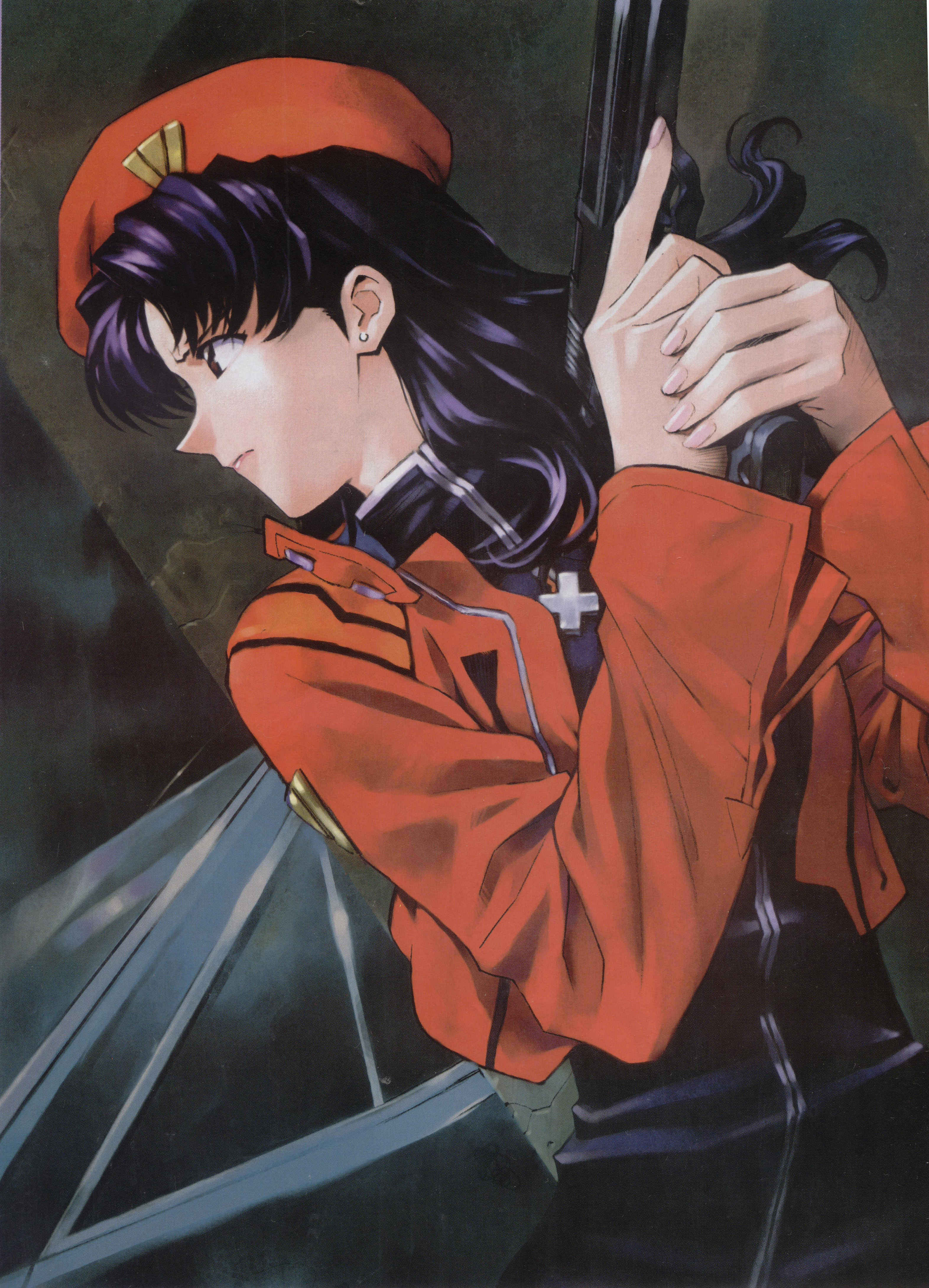sadamoto yoshiyuki, katsuragi misato, neon genesis evangelion, uniform, absurdres, cleaned, highres, scan, 1girl, against wall, beret, black dress, black eyes, closed mouth, cross, cross necklace, dress, dutch angle, earrings, female focus, frown, gun, h&k usp, handgun, hands up, hat, hiding, holding, holding gun, holding weapon, jacket, jewelry, lips, long hair, long sleeves, looking back, neck, necklace, parted bangs, purple hair, red hat, red jacket, serious, solo, standing, straight hair, stud earrings, trigger discipline, two-handed, weapon