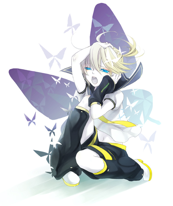goni hane, kagamine len, migikata no chou (vocaloid), vocaloid, bad id, bad pixiv id, 1boy, blonde hair, blue eyes, bug, butterfly, male focus, open mouth, short hair, solo