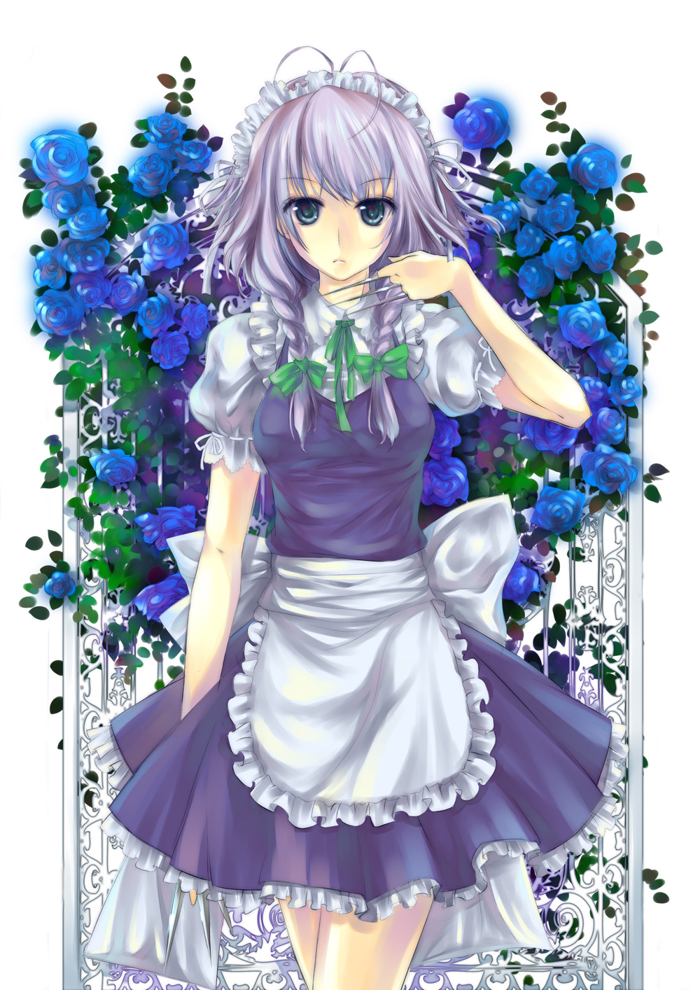 lilithbloody, izayoi sakuya, touhou, silver hair, bad id, bad pixiv id, highres, 1girl, antenna hair, blue eyes, blue flower, blue hair, blue rose, braid, female focus, flower, hairband, knife, maid, maid headdress, matching hair/eyes, rose, short hair, solo, throwing knife, twin braids, weapon