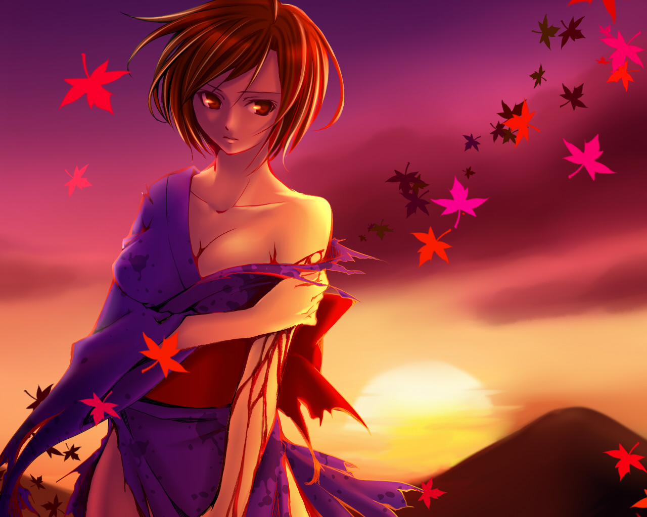 ren lowol, meiko (vocaloid), vocaloid, bad id, bad pixiv id, 1girl, blood, breasts, brown eyes, brown hair, cleavage, female focus, japanese clothes, kimono, large breasts, off shoulder, outdoors, short hair, sky, solo, sunset, torn clothes