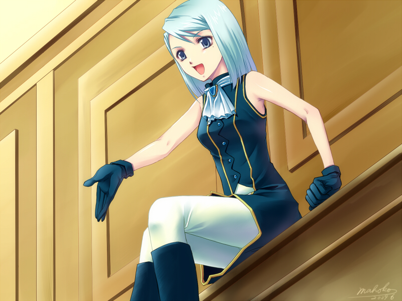 kurahashi mahoko, mahoko, franziska von karma, ace attorney, ace attorney investigations, ace attorney investigations: miles edgeworth, capcom, 1girl, aged down, armpits, ascot, blue eyes, blue hair, female focus, gloves, matching hair/eyes, mole, mole under eye, pantyhose, pencil skirt, short hair, signature, sitting, skirt, solo